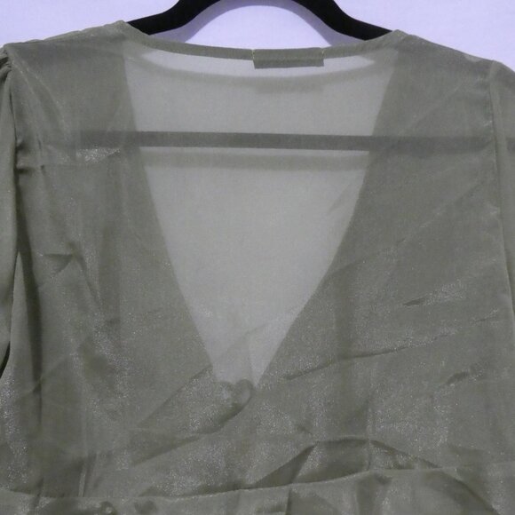 SHEIN | medium | Elegant Green V-Neck Sheer Blouse With Tie / Lace-Up Detail - Picture 11 of 15